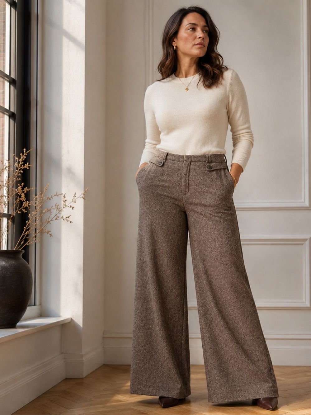 Banana Republic Brown Tweed Wool Angora Wide Leg Trousers Pants Size 12 Fall